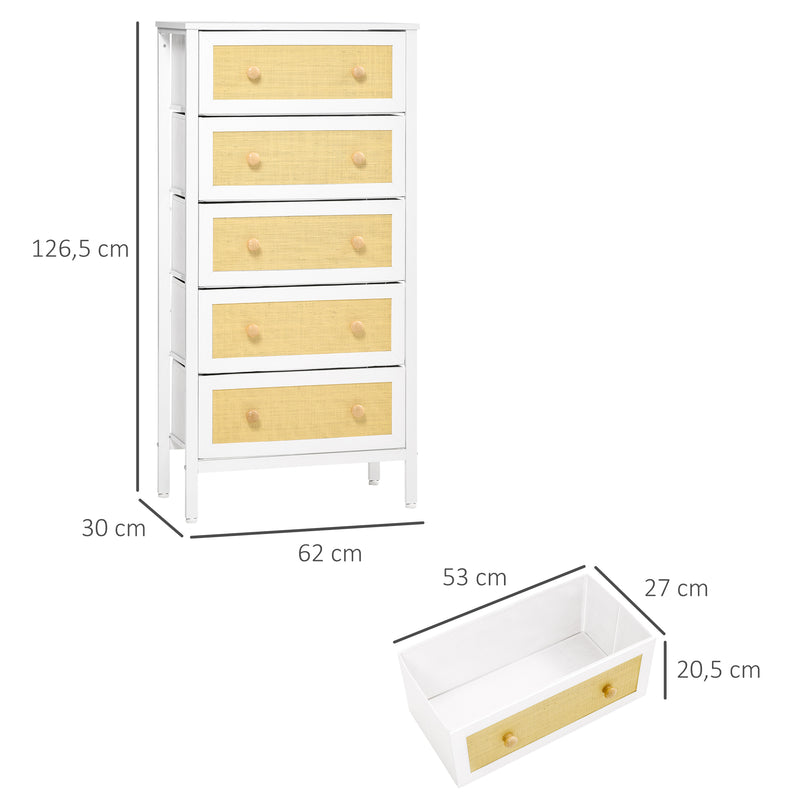 Cómoda de Dormitório Cómoda Estilo Bohemio com 5 Gavetas de Tecido Dobráveis Superfície de Vime PE e Estrutura de Aço para Entrada Sala de Estar Corredor 62x30x126,5 cm Branco e Bege