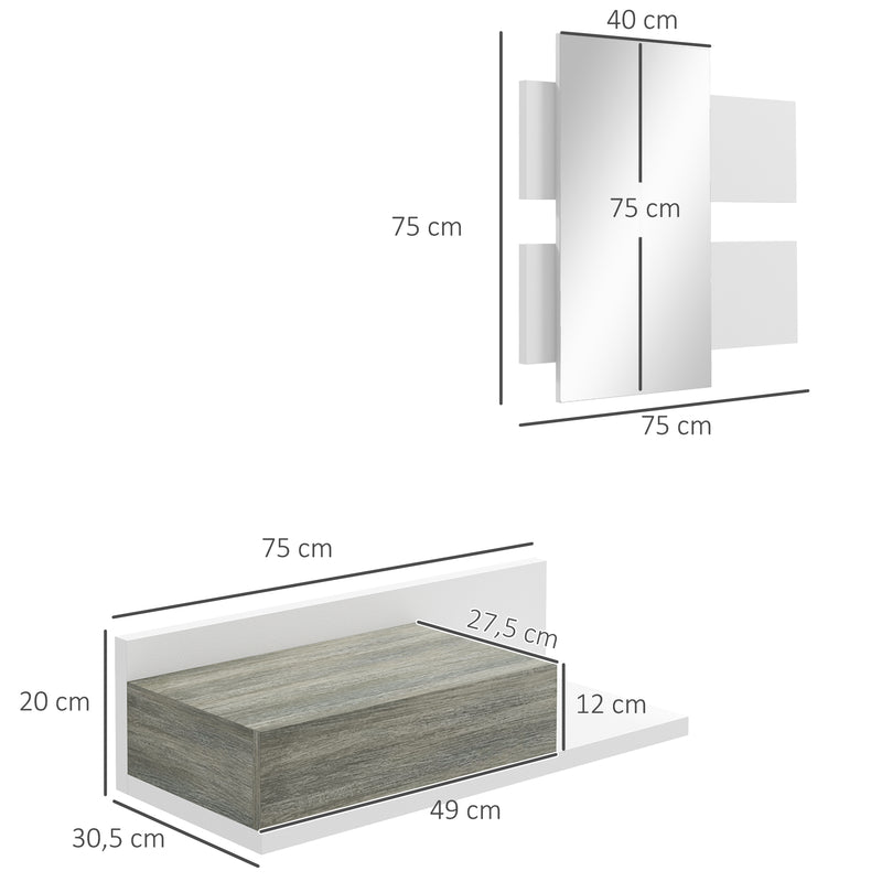 Conjunto de Móveis de Entrada com Espelho e Gaveta Móvel de Entrada Suspenso para Corredor Estilo Moderno 75x3,5x75 cm e 75x30,5x20 cm Branco e Cinza