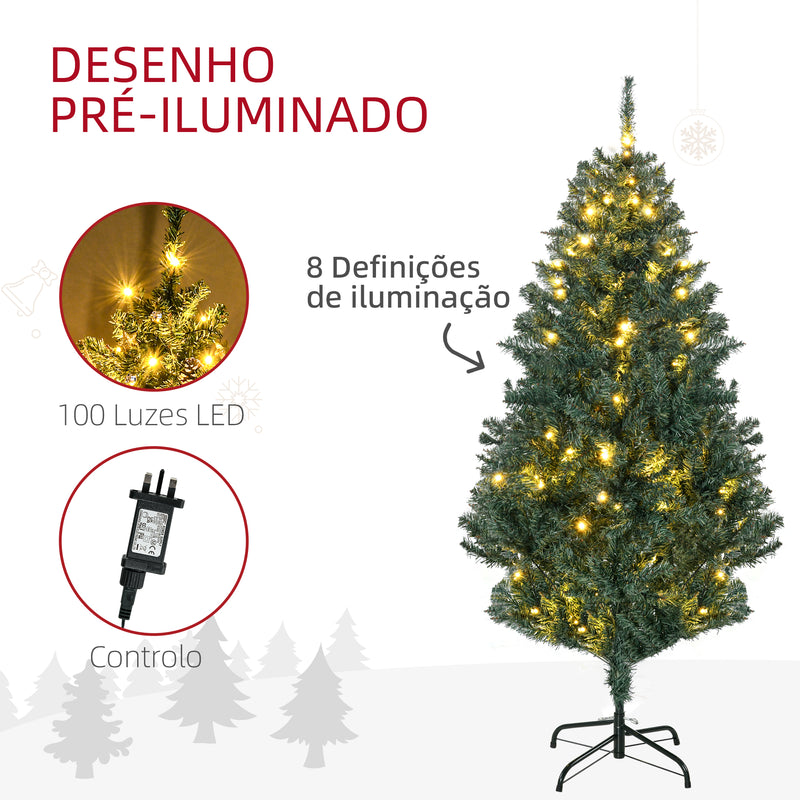 Árvore de Natal Artificial 150 cm com 100 Luzes LED Árvore de Natal com 472 Ramos e 80 Decorações para Interior Aço Ø91x150 cm Verde