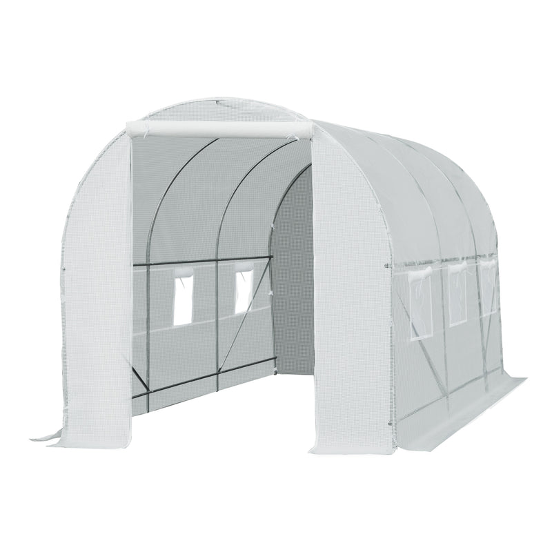 Estufa tipo Túnel 450x200x200 cm Estufa de Jardim com Porta Enrolável e 6 Janelas Cobertura de PE 140 g/m² Anti-UV Estrutura de Metal para Cultivo de Plantas Verduras Branco