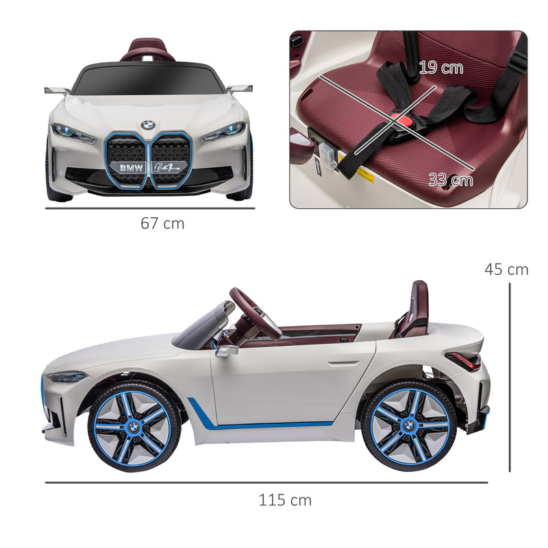 Carro Elétrico para Crianças 37-72 Meses com Licença BMW i4 Carro a Bateria 12V com Controlo Remoto Música MP3 Ecrã Luzes e Cinto de Segurança 115x67x45 cm Branco