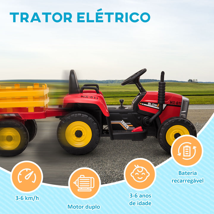 Trator Elétrico com Reboque Amovível Carro Elétrico para Crianças 3-6 Anos com Controlo Remoto Música MP3 Luzes e Cinto de Segurança 136,5x50x52,5 cm Vermelho