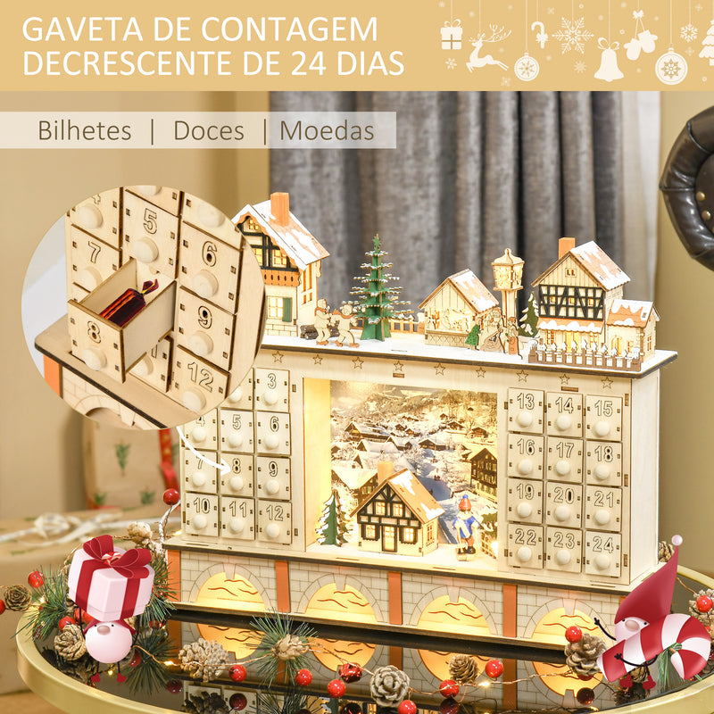 Calendário de Advento Calendário de Advento de Madeira com Luzes e 24 Gavetas de Contagem Regressiva Decoração de Natal 44x10x37 cm Madeira