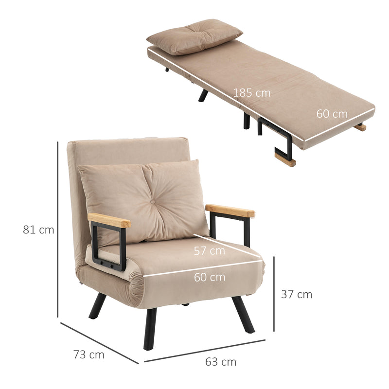 Poltrona Convertível em Cama Dobrável Poltrona 3 em 1 Convertível em Cama com Encosto Ajustável em 5 Níveis e Almofada Acolchoada para Escritório Sala de Estar Carga 120 kg 63x73x81 cm Bege