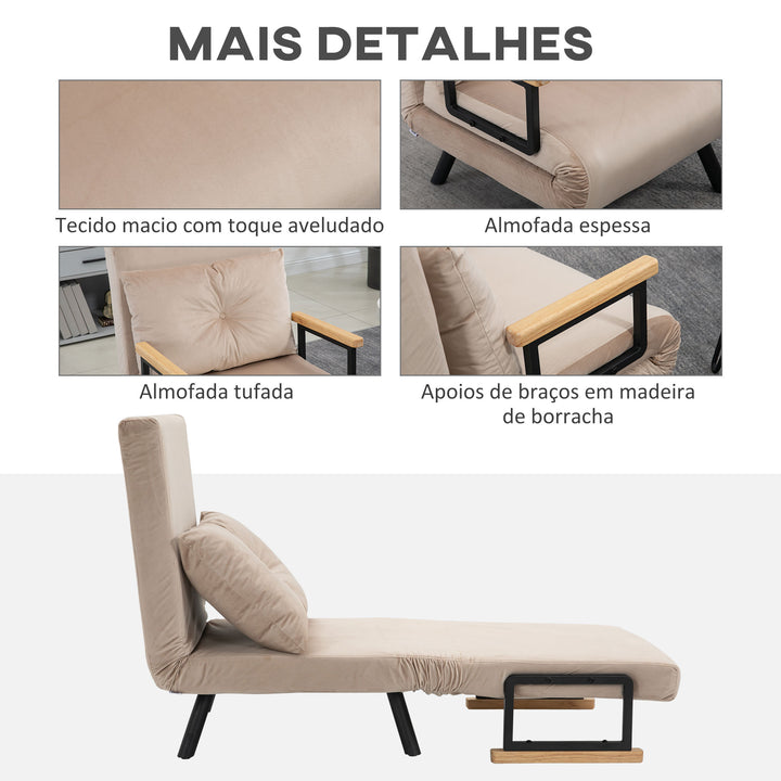 Poltrona Convertível em Cama Dobrável Poltrona 3 em 1 Convertível em Cama com Encosto Ajustável em 5 Níveis e Almofada Acolchoada para Escritório Sala de Estar Carga 120 kg 63x73x81 cm Bege