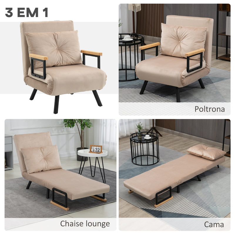 Poltrona Convertível em Cama Dobrável Poltrona 3 em 1 Convertível em Cama com Encosto Ajustável em 5 Níveis e Almofada Acolchoada para Escritório Sala de Estar Carga 120 kg 63x73x81 cm Bege