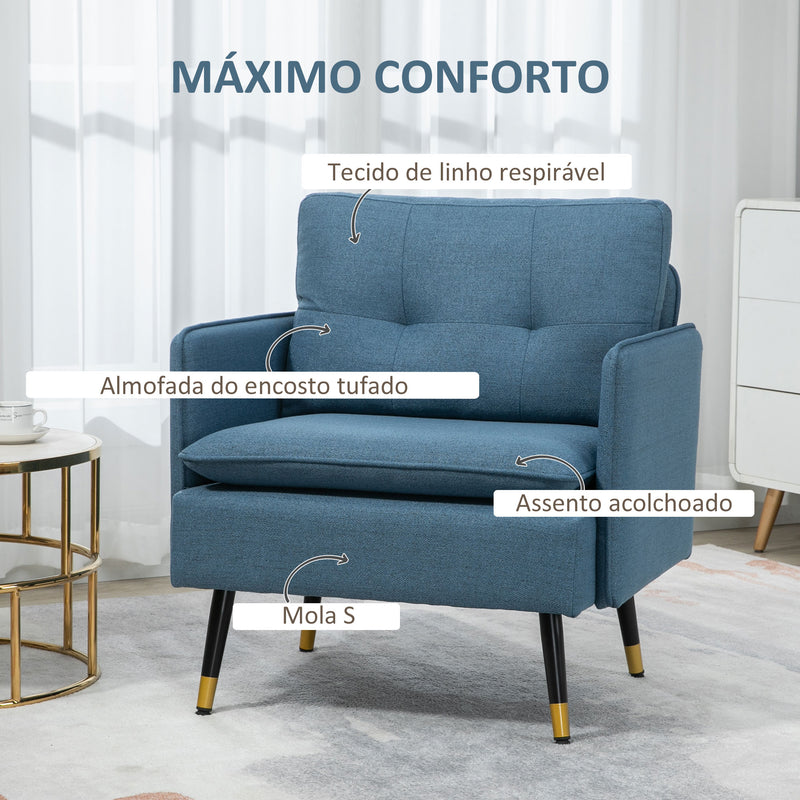 Poltrona Sala de Estar Poltrona Relax com Apoio para os Braços Assento Acolchoado e Pés de Aço Sofá Individual Moderno para Dormitório 76x68x80 cm Azul