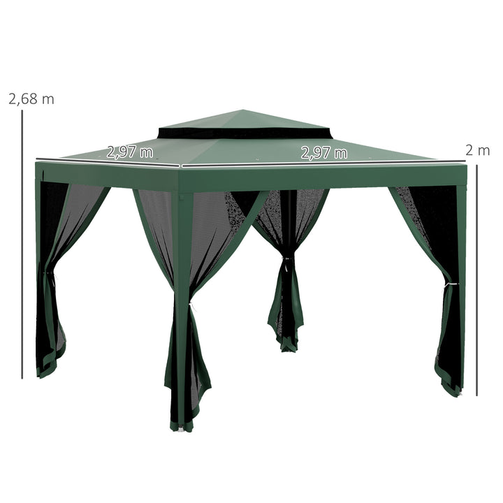 Pérgola de Jardim 297x297cm Pérgola com 4 Mosquiteiras Teto Duplo 8 Orifícios de Drenagem e Estrutura de Metal para Pátio Exterior Verde