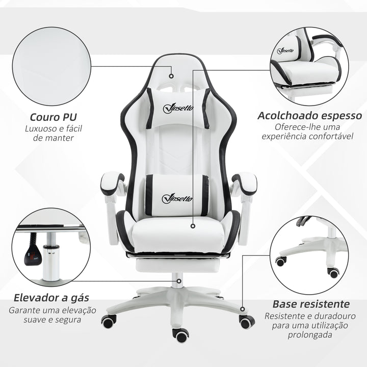 Cadeira Gaming Cadeira Gamer Racing de Couro PU com Altura Ajustável Reclinável 135° Apoio para a Cabeça e Apoio para os Pés Retrátil para Escritório Estúdio 65x65x121-129 cm Branco e Preto
