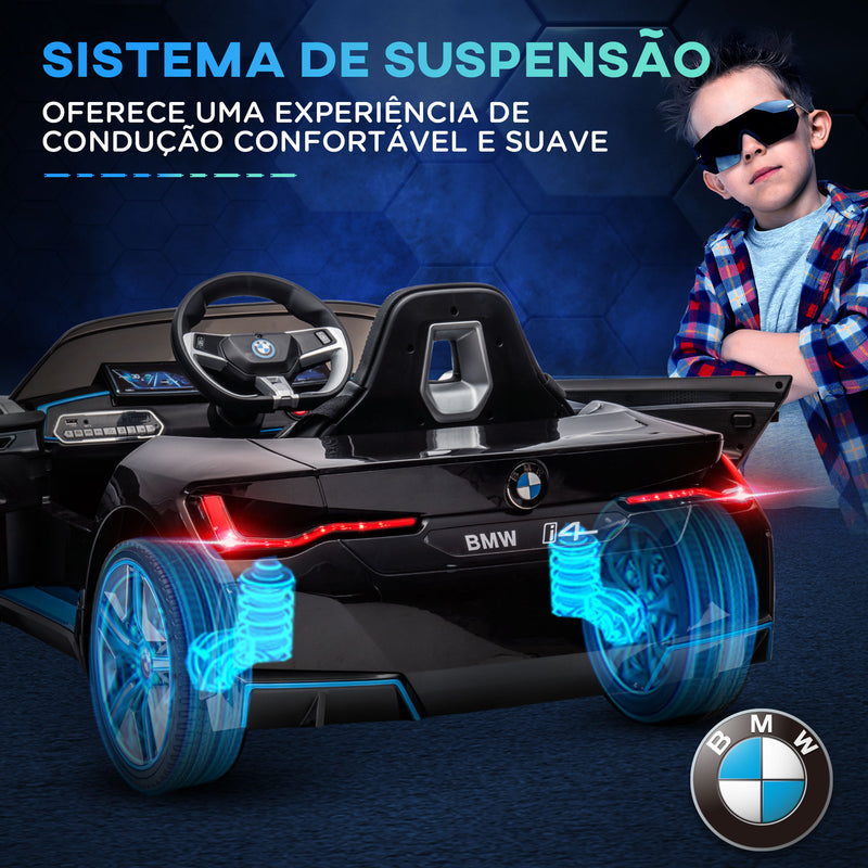 Carro Elétrico para Crianças 37-72 Meses com Licença BMW i4 Carro a Bateria 12V com Controlo Remoto Música MP3 Ecrã Luzes e Cinto de Segurança 115x67x45 cm Preto