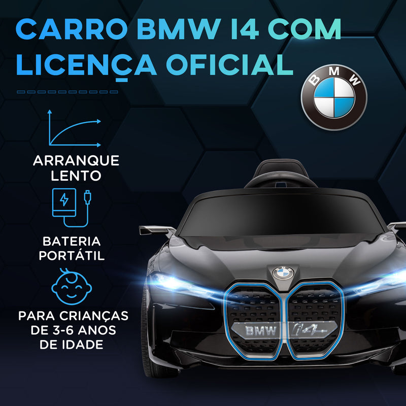 Carro Elétrico para Crianças 37-72 Meses com Licença BMW i4 Carro a Bateria 12V com Controlo Remoto Música MP3 Ecrã Luzes e Cinto de Segurança 115x67x45 cm Preto