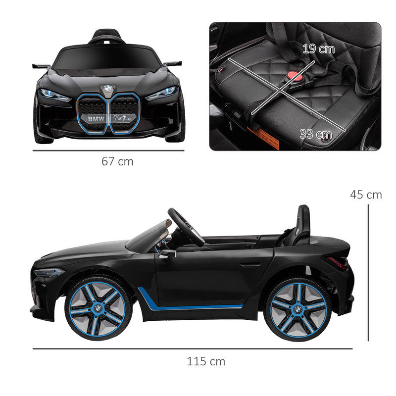 Carro Elétrico para Crianças 37-72 Meses com Licença BMW i4 Carro a Bateria 12V com Controlo Remoto Música MP3 Ecrã Luzes e Cinto de Segurança 115x67x45 cm Preto