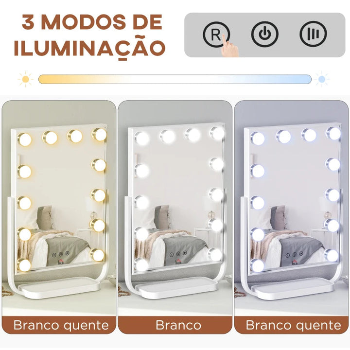 Espelho de Maquilhagem Espelho de Mesa com 12 Luzes LED 3 Temperaturas de Cores Ecrã Tátil Ajustável e Função de Memória para Dormitório Casa de Banho 32,8x11x47,4cm Branco