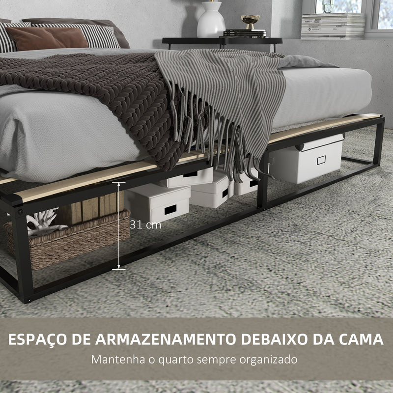 Estrutura de Cama de Aço Altura 25 cm Estrado de Cama para Colchão 180x200 cm com Ripas de Madeira para 1-2 Pessoas Estilo Moderno Preto