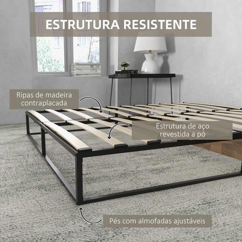 Estrutura de Cama de Aço Altura 25 cm Estrado de Cama para Colchão 180x200 cm com Ripas de Madeira para 1-2 Pessoas Estilo Moderno Preto