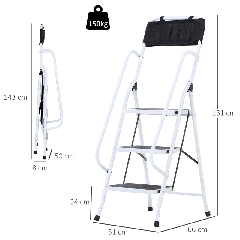 Escada Dobrável com 3 Degraus Escada de Metal com Apoio para os Braços e Suporte para Ferramentas Carga Máxima 150 kg 51x66x131 cm Branco e Preto