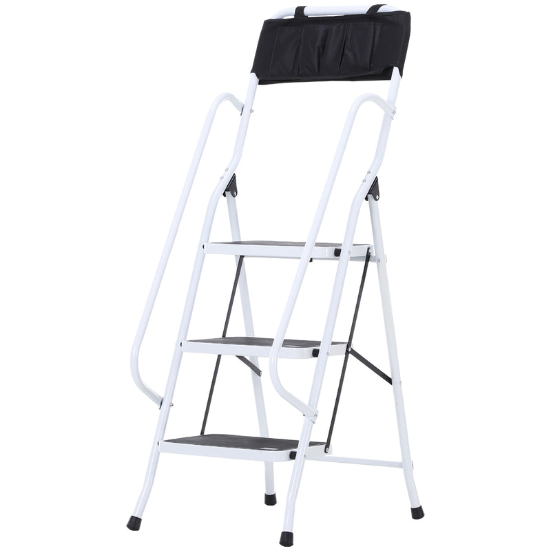 Escada Dobrável com 3 Degraus Escada de Metal com Apoio para os Braços e Suporte para Ferramentas Carga Máxima 150 kg 51x66x131 cm Branco e Preto