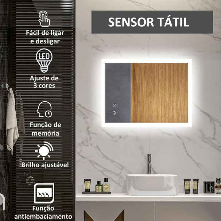 Espelho Casa de Banho com Luzes LED 70x50 cm Espelho de Parede com Função Antiembaciamento 3 Cores Função de Memória Interruptor Tátil e Classificação IP44 Horizontal ou Vertical Prata