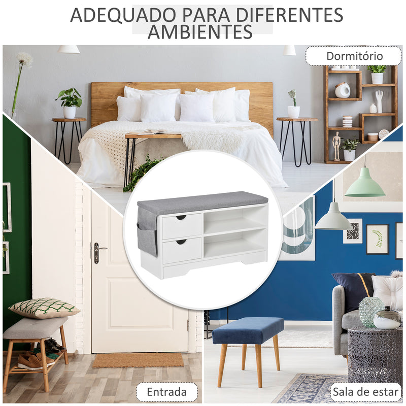 Banco Sapateiro com Assento 2 Prateleiras Bolso Almofada Amovível e 2 Gavetas Banco de Entrada Capacidade para 4 Pares de Sapatos para Entrada Corredor Moderno 80,5x30,5x43,5 cm Branco e Cinza