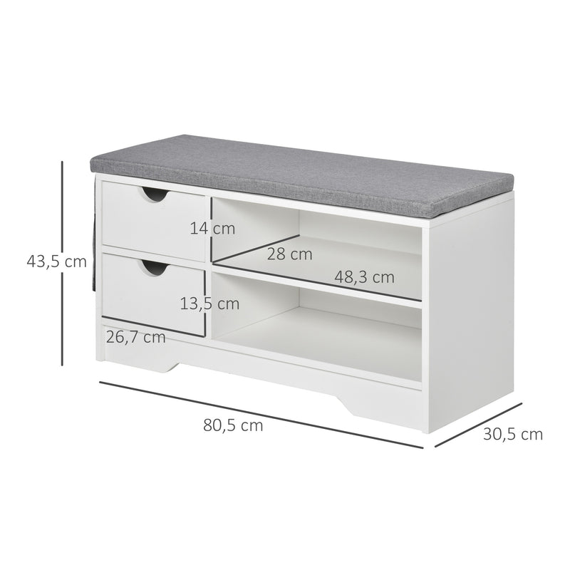 Banco Sapateiro com Assento 2 Prateleiras Bolso Almofada Amovível e 2 Gavetas Banco de Entrada Capacidade para 4 Pares de Sapatos para Entrada Corredor Moderno 80,5x30,5x43,5 cm Branco e Cinza