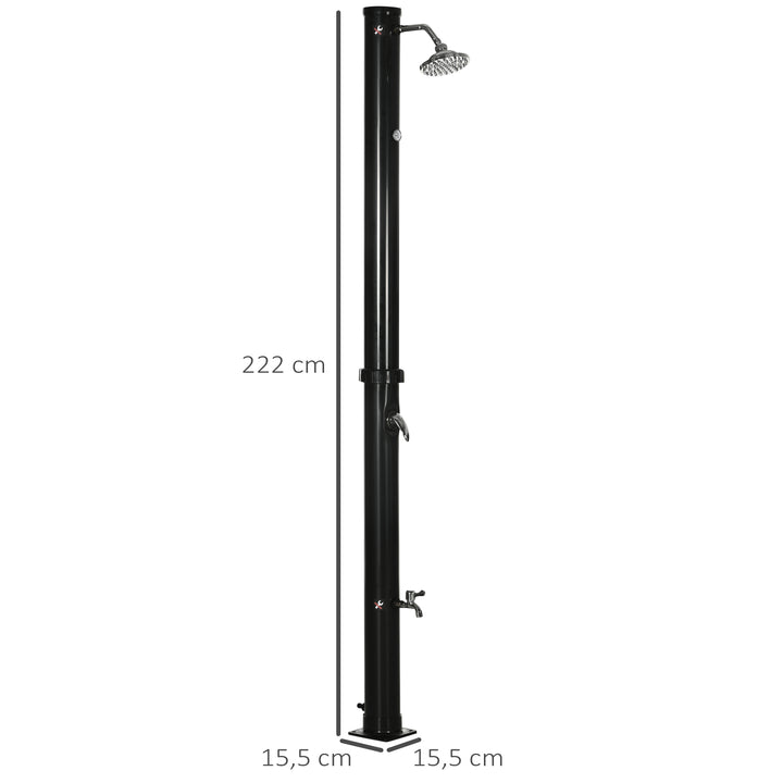 Duche Solar de Jardim 20L Duche de Exterior com Cabeçal Redondo Torneira de Água Quente Máximo 60? e Duche de Pés para Piscina Pátio Praia 15,5x15,5x222 cm Preto