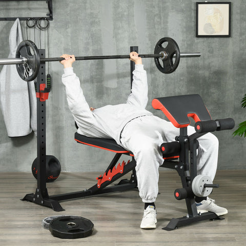 Banco de Musculação Multifuncional Banco de Pesos com Encosto Reclinável e Suporte de Barras Ajustável para Treino de Abdominal Pernas Braços e Peitoral Carga 150 kg 180x110x126 cm Preto