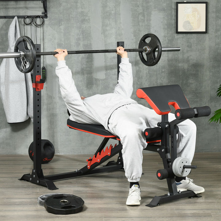 Banco de Musculação Multifuncional Banco de Pesos com Encosto Reclinável e Suporte de Barras Ajustável para Treino de Abdominal Pernas Braços e Peitoral Carga 150 kg 180x110x126 cm Preto