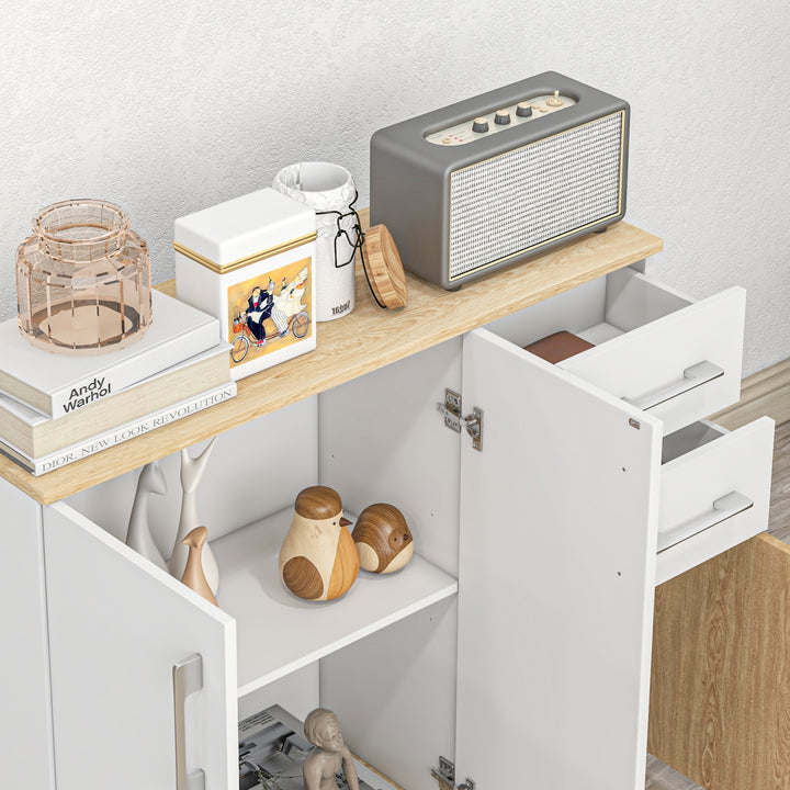 Aparador Sala de Estar Moderno Aparador de Cozinha com 2 Gavetas 2 Armários e Prateleiras Ajustáveis para Dormitório Sala de Jantar Entrada 90x30x75,5 cm Branco e Madeira