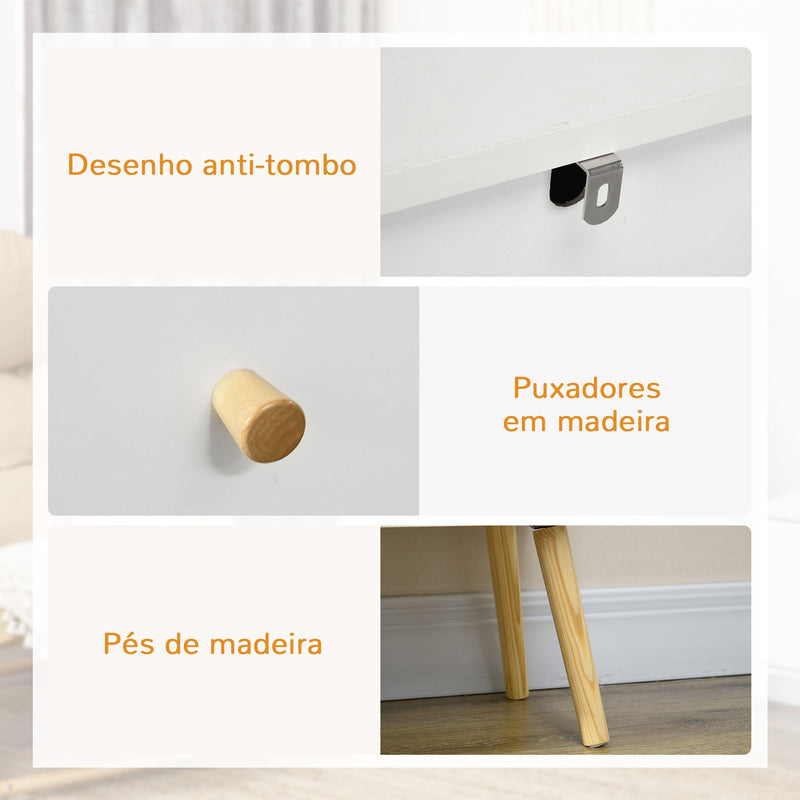 Cómoda com 3 Gavetas Cómoda de Dormitório com Pés de Madeira de Pinho para Sala de Estar Escritório Carga Máxima 70 kg 80x30x80 cm Branco e Madeira