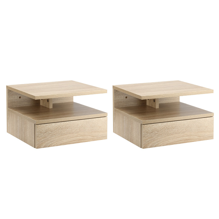 Conjunto de 2 Mesas de Cabeceira Flutuante com 1 Gaveta e Prateleira Aberta com Desenho Moderno Montado na Parede 35x32x22,5 cm Carvalho
