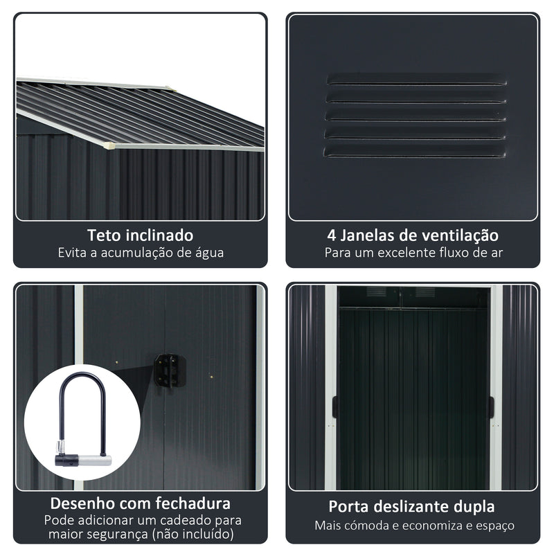 Abrigo de Jardim de 4,1 m² 236x174x190 cm Abrigo de Exterior para Armazenamento de Ferramentas com Portas de Correr e 4 Janelas de Ventilação para Pátio Cinza