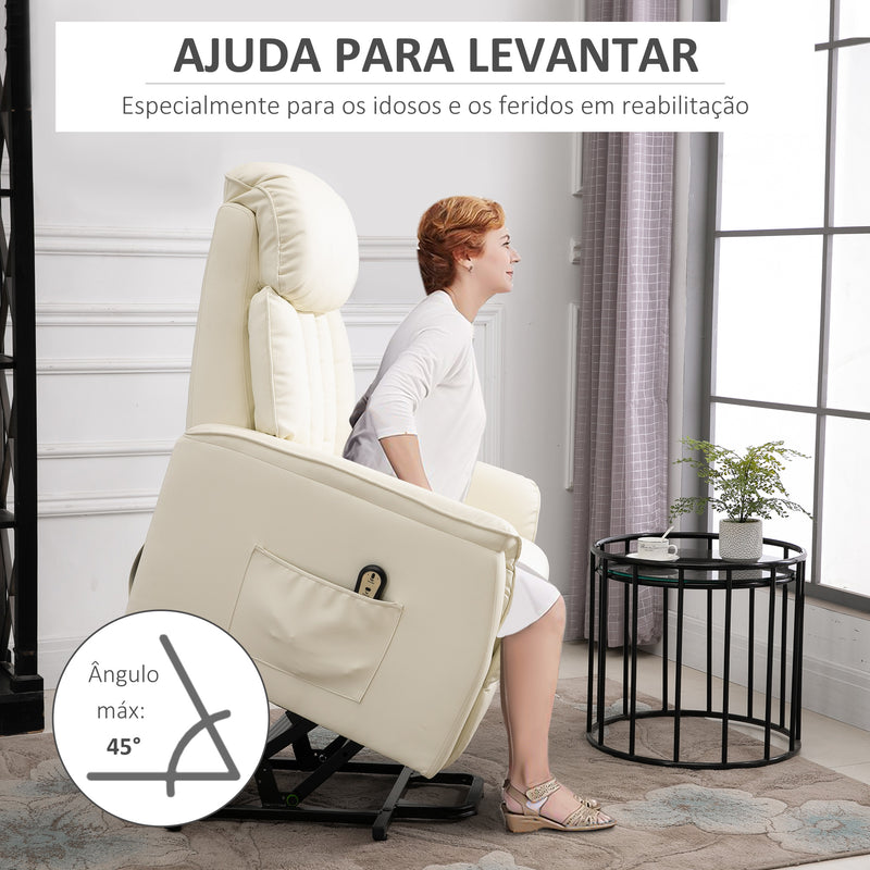 Poltrona Levanta Pessoas Poltrona Reclinável com Apoio para os Pés Controlo Remoto Reclinação 145° e Bolso Lateral Carga 150 kg 80x94x104 cm Creme