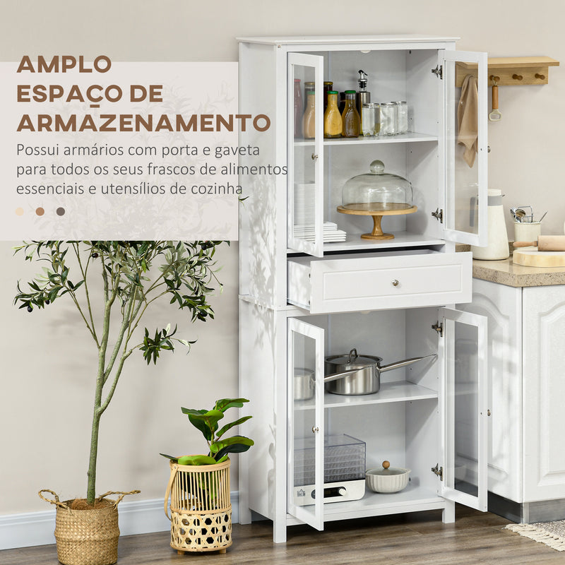 Armário de Cozinha Móvel Auxiliar com 4 Portas de Vidro Temperado Gaveta e Prateleiras Ajustáveis para Sala de Estar Sala de Jantar 74x35,5x181,5 cm Branco