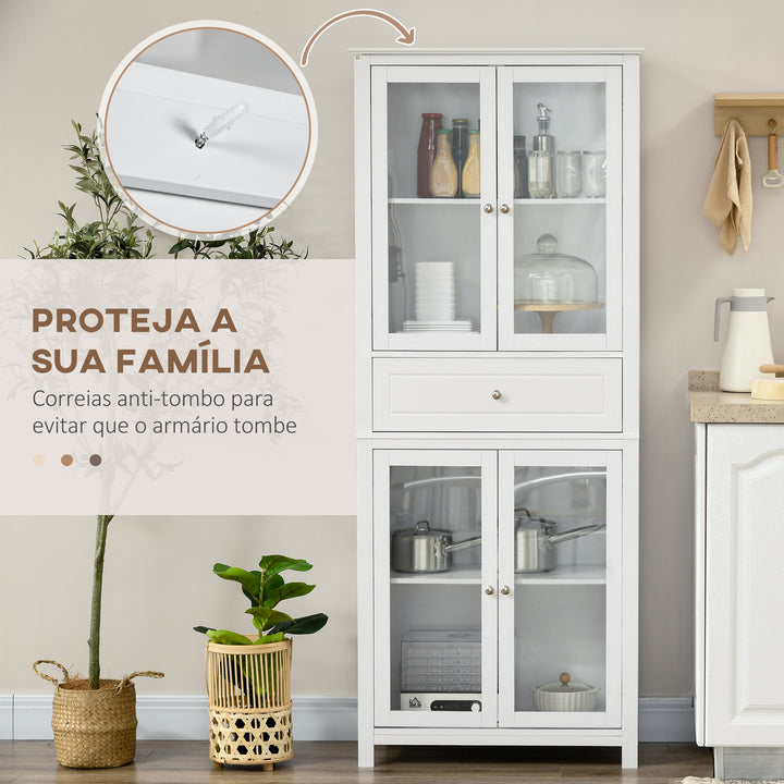 Armário de Cozinha Móvel Auxiliar com 4 Portas de Vidro Temperado Gaveta e Prateleiras Ajustáveis para Sala de Estar Sala de Jantar 74x35,5x181,5 cm Branco