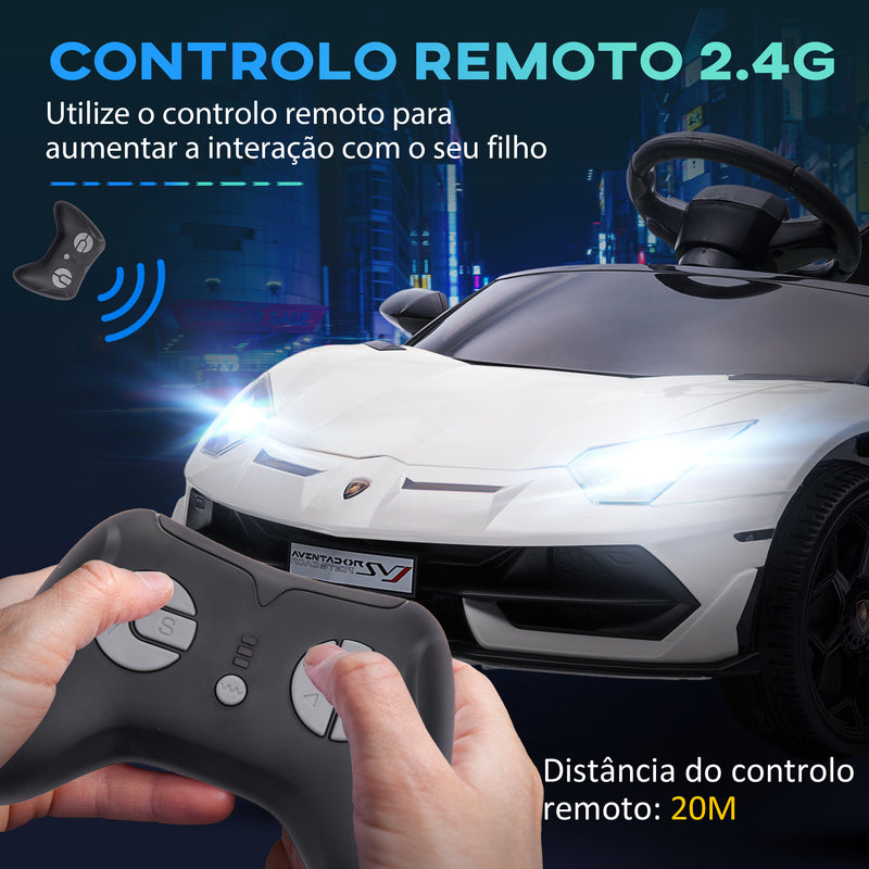 Carro Elétrico Lamborghini para Crianças de 37 a 60 Meses Carro Elétrico a Bateria 12V Velocidade Máxima 5km/h Controlo Remoto MP3 Luzes e Cinto de Segurança 107,5x63x42 cm Branco