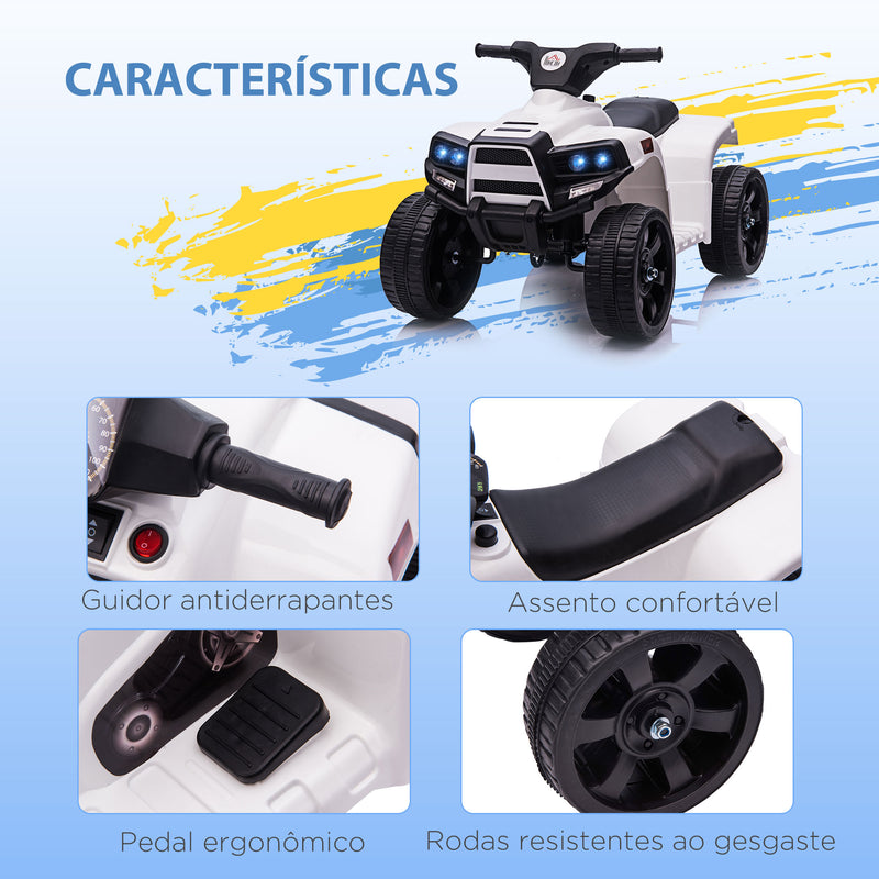 Quadriciclo Elétrico para Crianças a cima de 18 Meses Quadriciclo Infantil a Bateria 6V Faróis Buzina Velocidade -3km/h Avanço e Recuo 65x40x43 cm Branco