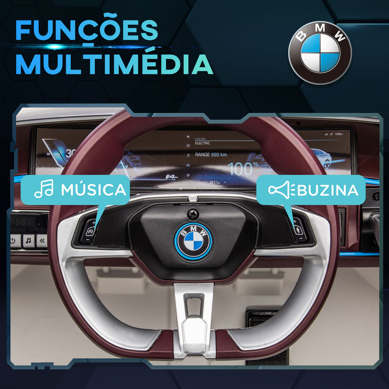 Carro Elétrico para Crianças 37-72 Meses com Licença BMW i4 Carro a Bateria 12V com Controlo Remoto Música MP3 Ecrã Luzes e Cinto de Segurança 115x67x45 cm Branco