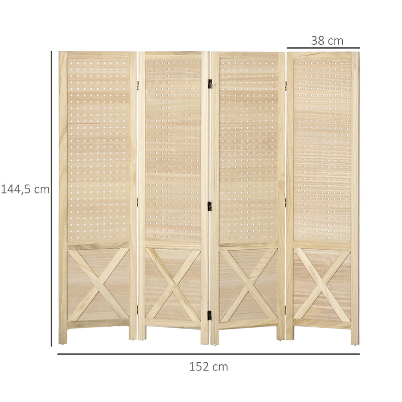 Biombo de 4 Painéis Separador de Ambientes Dobrável 152x1,7x144,5 cm Divisor de Habitações Painéis com Orifícios para Pendurar para Escritório Dormitório Sala de Estar Madeira