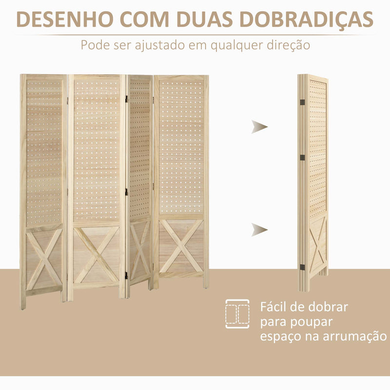 Biombo de 4 Painéis Separador de Ambientes Dobrável 152x1,7x144,5 cm Divisor de Habitações Painéis com Orifícios para Pendurar para Escritório Dormitório Sala de Estar Madeira