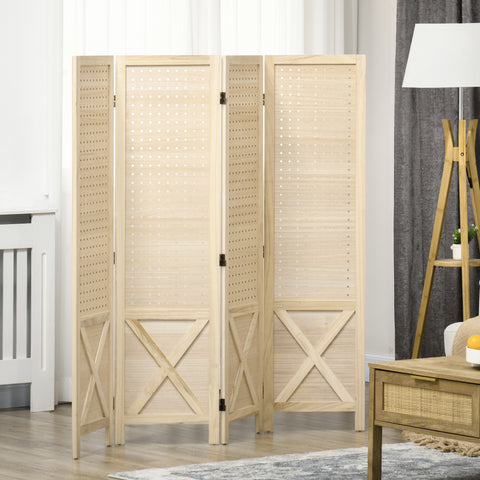 Biombo de 4 Painéis Separador de Ambientes Dobrável 152x1,7x144,5 cm Divisor de Habitações Painéis com Orifícios para Pendurar para Escritório Dormitório Sala de Estar Madeira