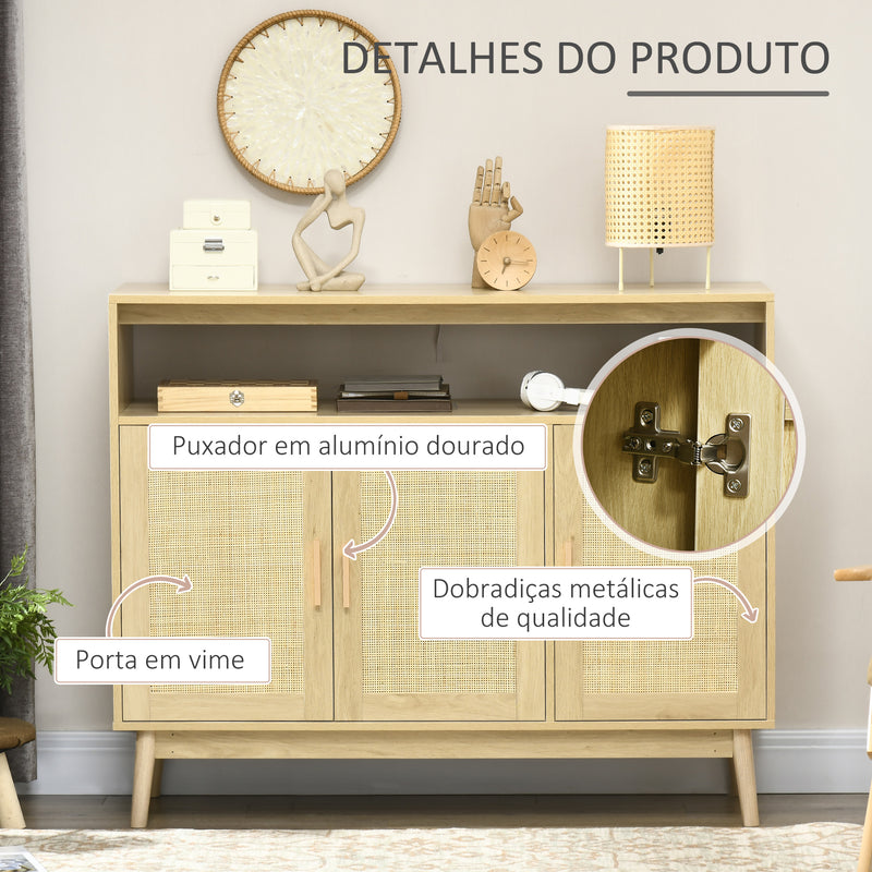 Aparador Sala de Estar de Estilo Cannage Móvel Buffet Auxiliar com 3 Portas de Vime Prateleiras Ajustáveis e Pés de Madeira para Sala de Estar Sala de Jantar 120x40x97 cm Madeira