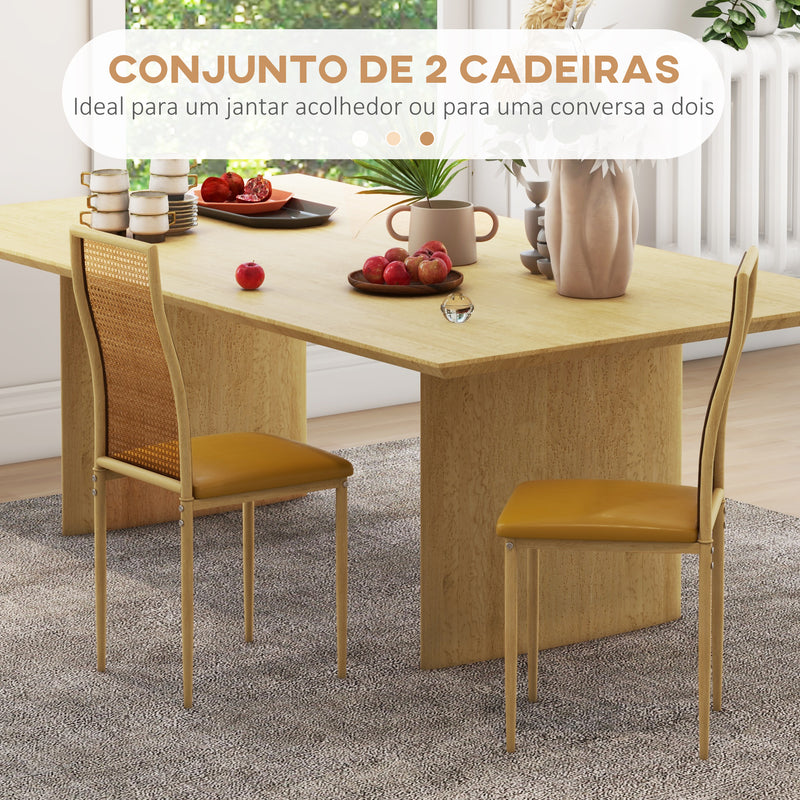 Conjunto de 2 Cadeiras de Sala de Jantar Cadeiras de Cozinha Modernas com Encosto em Vime PE Assento Estofado em Couro PU e Pés de Aço 40x50x97 cm Ocre