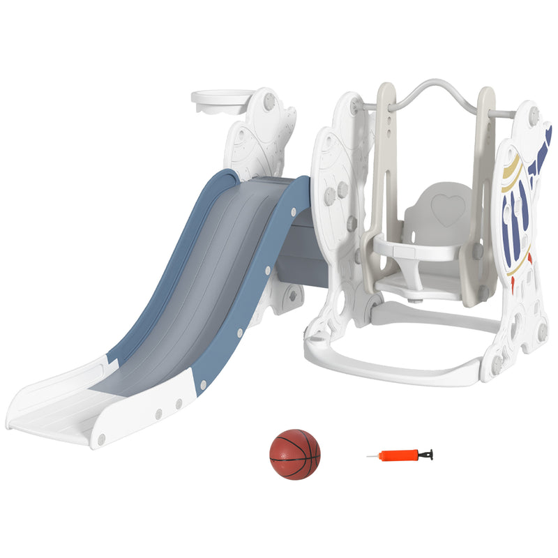 Conjunto de Escorregador e Baloiço para Crianças 3 em 1 Baloiço para Crianças de 18-48 Meses Escorregador e Cesto de Basquetebol Carga Máxima 30 kg 150x185x92 cm Branco e Azul