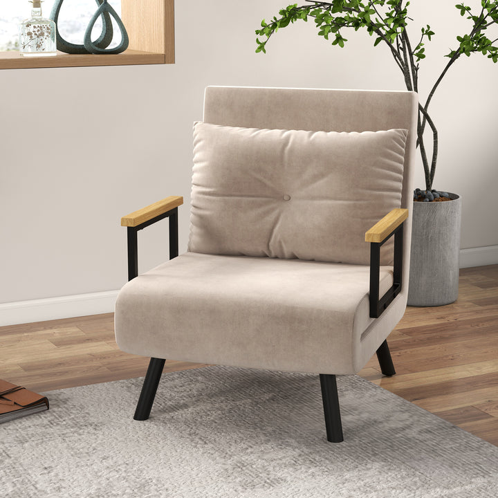 Poltrona Convertível em Cama Dobrável Poltrona 3 em 1 Convertível em Cama com Encosto Ajustável em 5 Níveis e Almofada Acolchoada para Escritório Sala de Estar Carga 120 kg 63x73x81 cm Bege