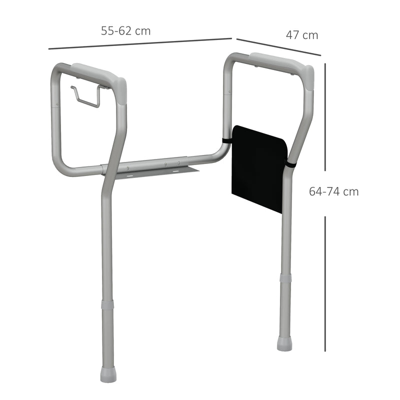 Barra de Segurança para Sanita de Alumínio Apoio de Segurança para Sanita Largura e Altura Ajustável com Alça Antiderrapante e Bolso para Idosos Portadores de Deficiência Carga 136 kg 55-62x47x64-74 cm Prata