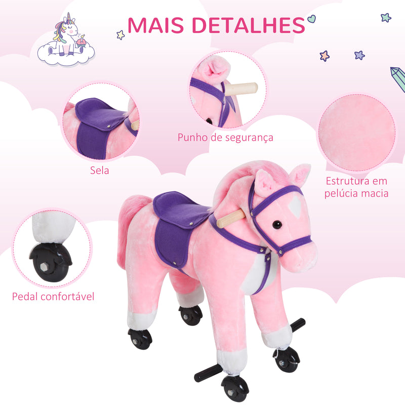 Cavalo para Crianças acima de 36 Meses Cavalo com Rodas Sons de Relincho e Pedais Carga Máxima 60 kg 55x23x60 cm Rosa