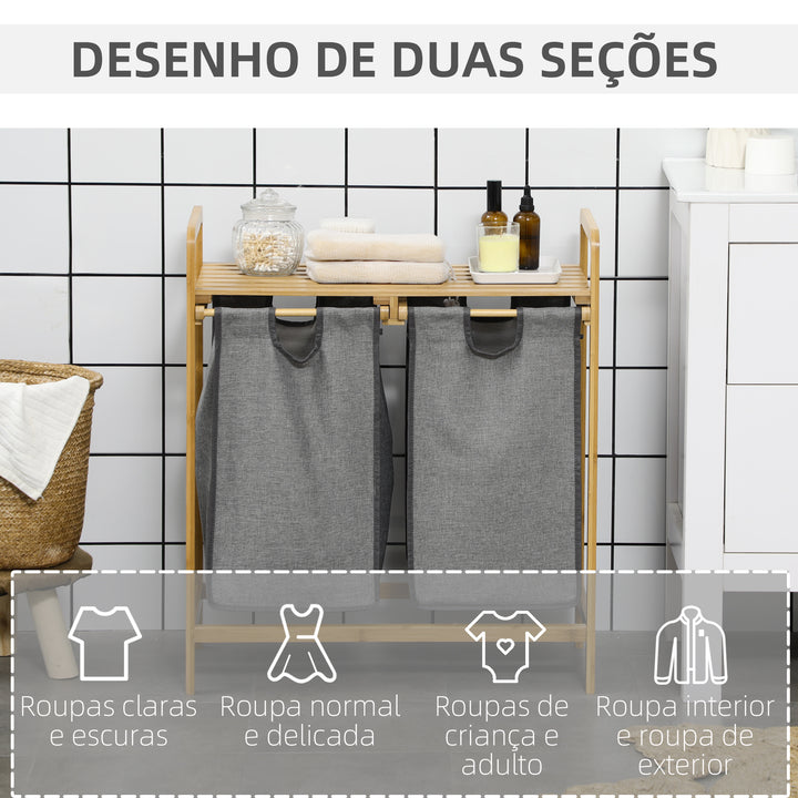 Cesto de Roupa de Bambu Cesto de Roupa Suja para Lavandaria com 2 Bolsas Amovíveis e Prateleira para Dormitório Casa de Banho Lavandaria 63,5x33x73 cm Madeira e Cinza