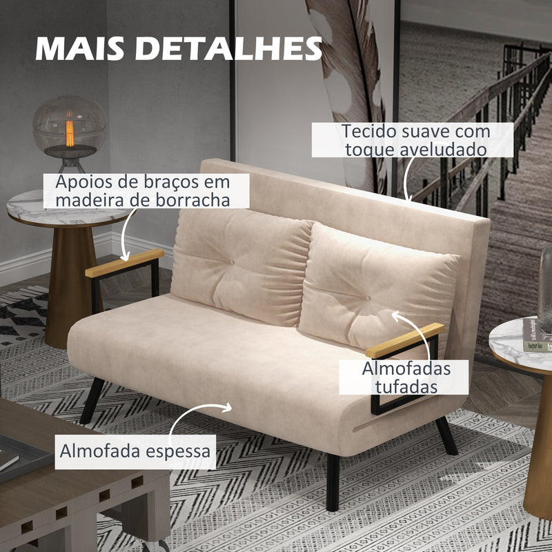 Sofá Cama Sofá Convertível em Cama de 2 Lugares Dobrável com Encosto Ajustável em 5 Níveis e 2 Almofadas Acolchoadas para Escritório Dormitório Sala de Estar 102x73x81 cm Bege