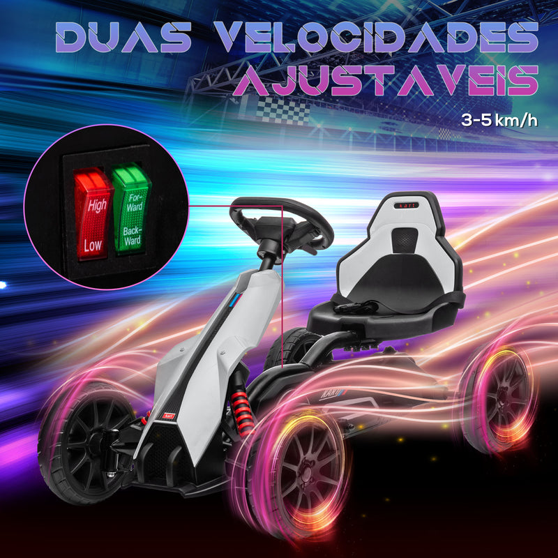 Go Kart Carro Elétrico para Crianças de 3 a 8 Anos Kart a Bateria 12V Velocidade Ajustável 3-5 km/h e Cinto de Segurança Carga 30 kg para Exterior 100x58x58,5 cm Branco