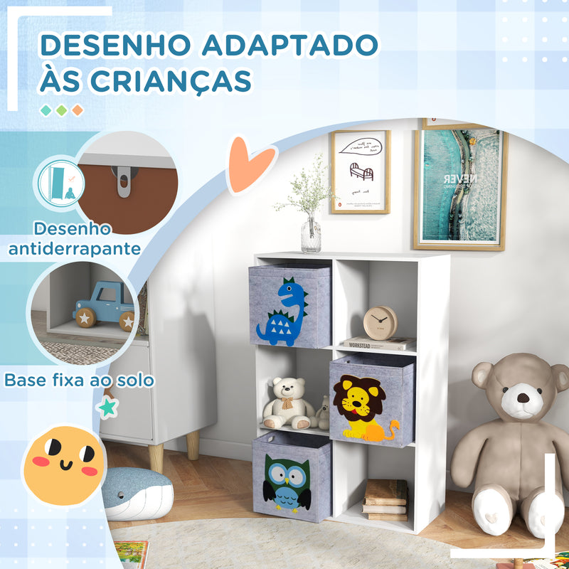 Estante para Brinquedos Estante para Crianças acima de 3 Anos com 6 Compartimentos de Armazenamento e 3 Caixas de Tecido não Tecido com Desenho de Animais 61,8x29,9x91,5 cm Branco e Cinza